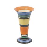Clarice Cliff Bizarre trumpet shaped vase with a geometric design alternating colours, 15cm high