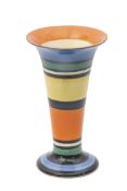 Clarice Cliff Bizarre trumpet shaped vase with a geometric design alternating colours, 15cm high