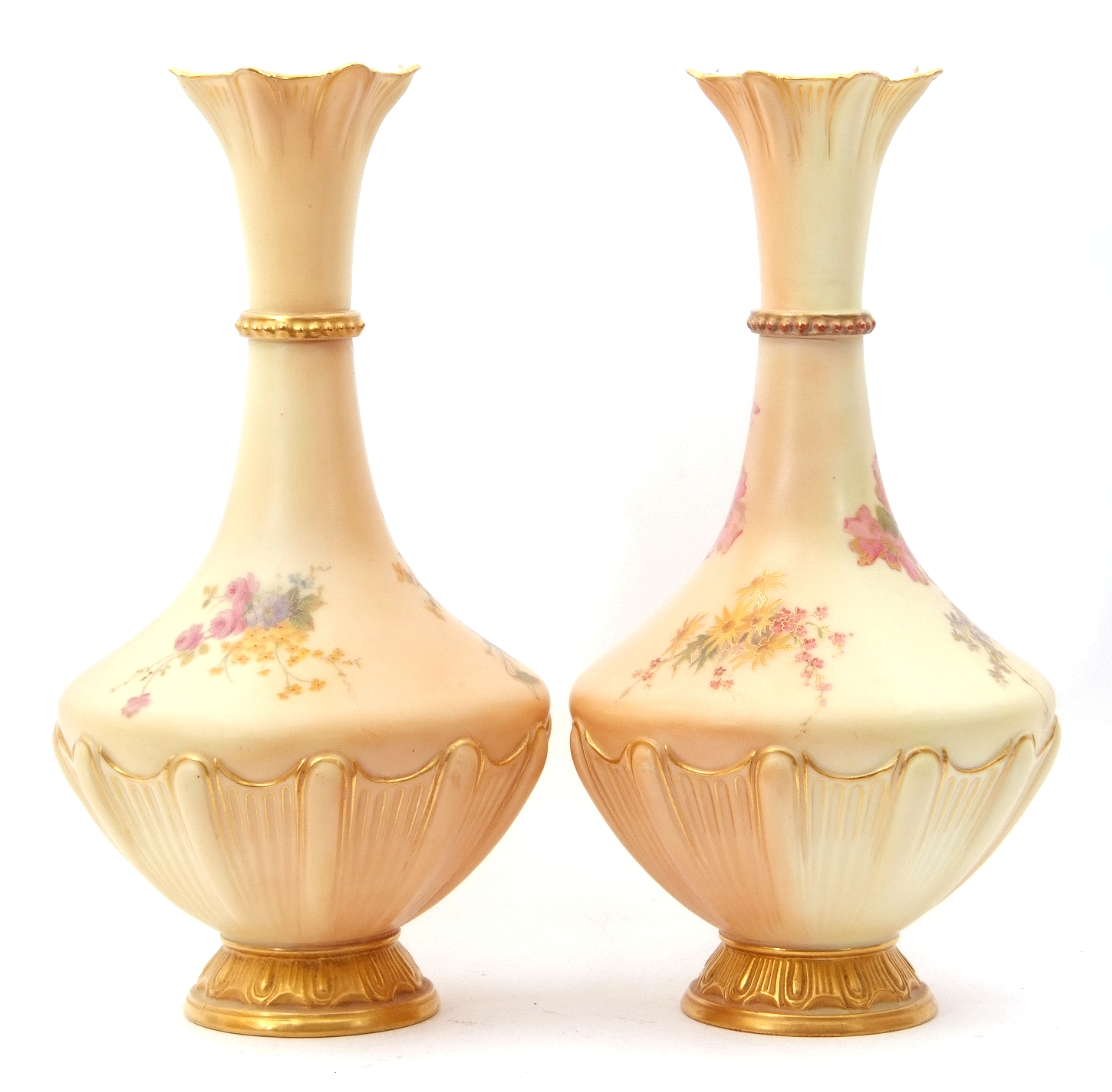 Pair of early 20th century Royal Worcester vases, shape 1538, the blush ground bodies decorated with - Image 3 of 4
