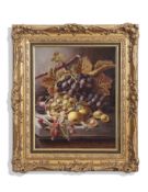 Oliver Clare (1853-1927), Still Life studies of mixed fruit on marble ledges, pair of oils on