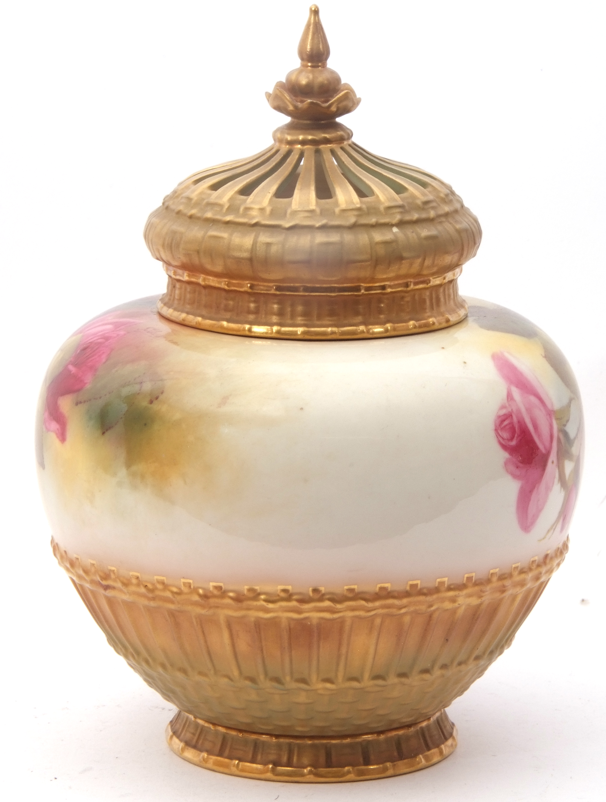 Royal Worcester globular pot pourri vase with gilt pierced cover, decorated with roses, signed by - Image 6 of 10