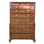 George III period mahogany chest on chest, dentil corners over upper section with two short and