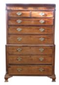 George III period mahogany chest on chest, dentil corners over upper section with two short and