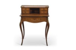 19th century Continental inlaid bonheur du jour, the top section with brass gallery and four small