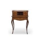 19th century Continental inlaid bonheur du jour, the top section with brass gallery and four small