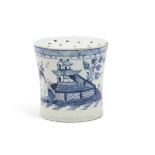 Rare Lowestoft pounce pot decorated in underglaze blue with a chinoiserie decoration of a pagoda and