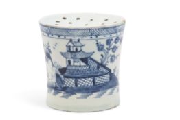 Rare Lowestoft pounce pot decorated in underglaze blue with a chinoiserie decoration of a pagoda and