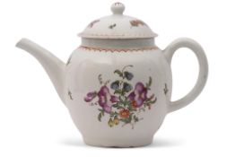 Lowestoft porcelain tea pot and cover with polychrome decoration in the style of the tulip