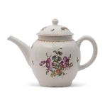 Lowestoft porcelain tea pot and cover with polychrome decoration in the style of the tulip