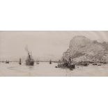 William Lionel Wyllie, RA, RI, RE (1851-1931), "Gibraltar", black and white etching, signed in