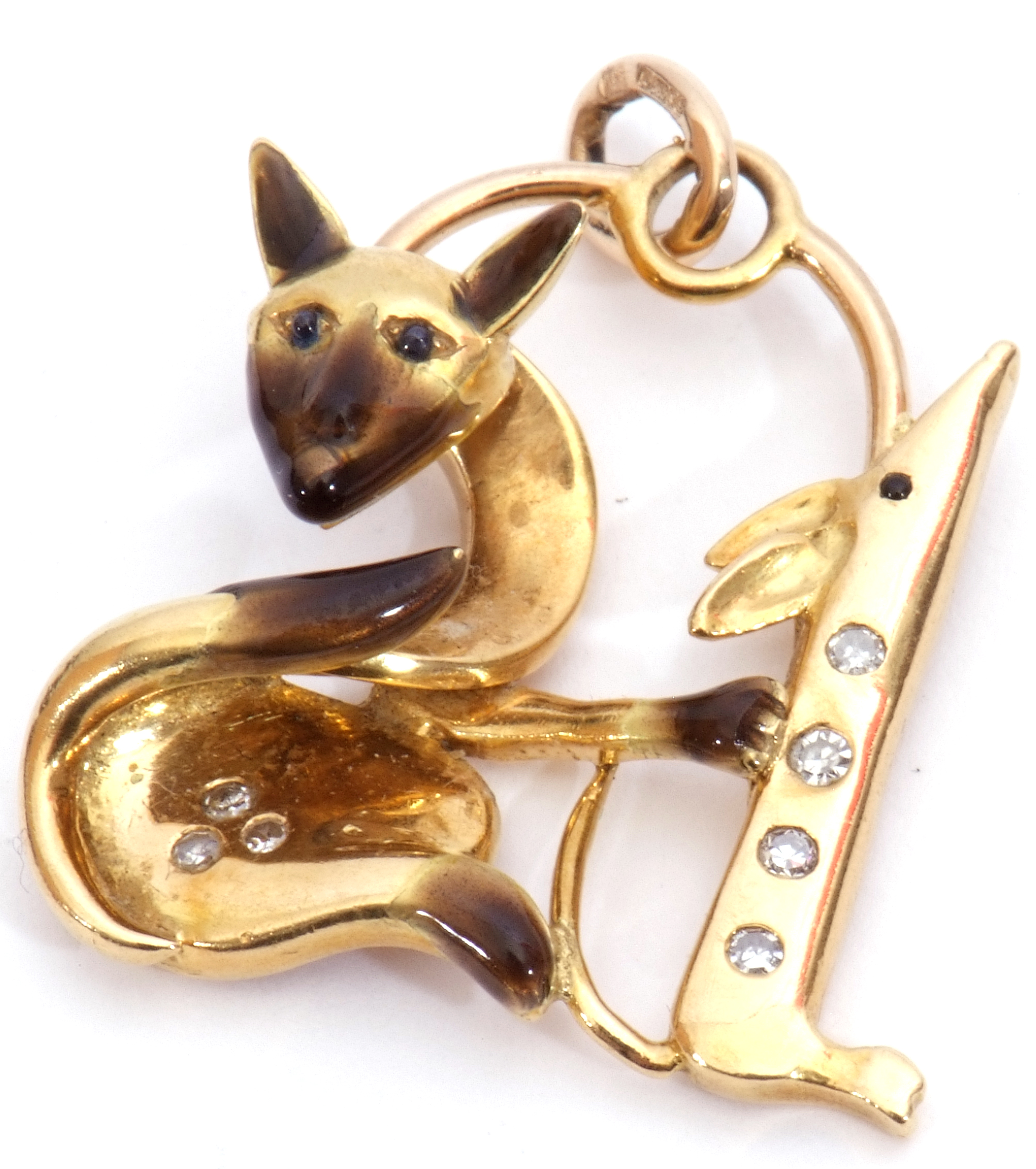 Yellow metal cat and mouse stylised pendant, each highlighted with small diamonds and sapphire set - Image 4 of 4