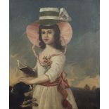 English School (19th century), Young girl wearing bonnet, holding a book, with a dog, oil on canvas,