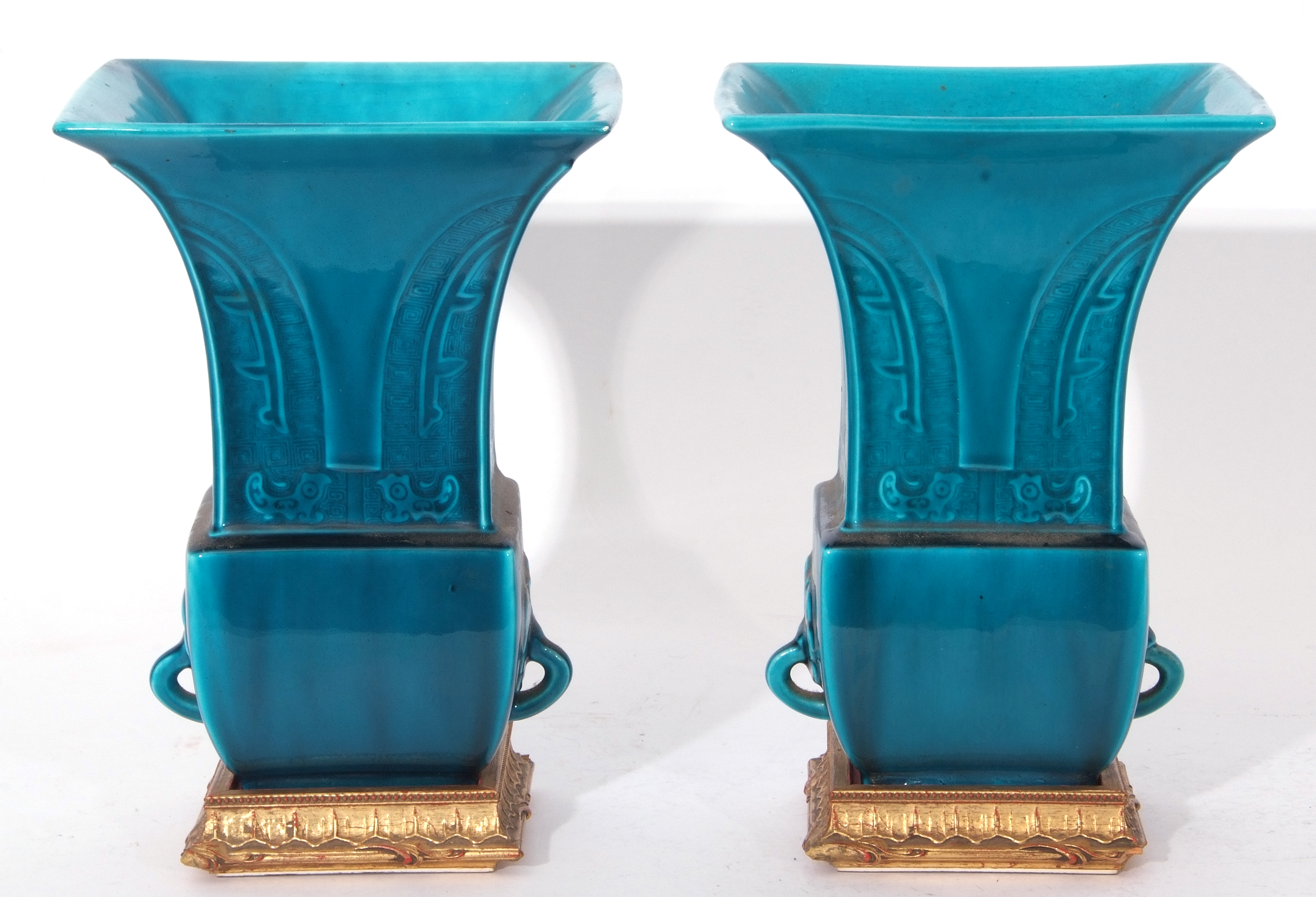 Pair of Theodore Deck blue faience vases of archaic Chinese form decorated with a geometric - Image 5 of 8