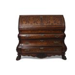 18th century Dutch marquetry bombe fronted bureau, fall front enclosing a fitted interior with