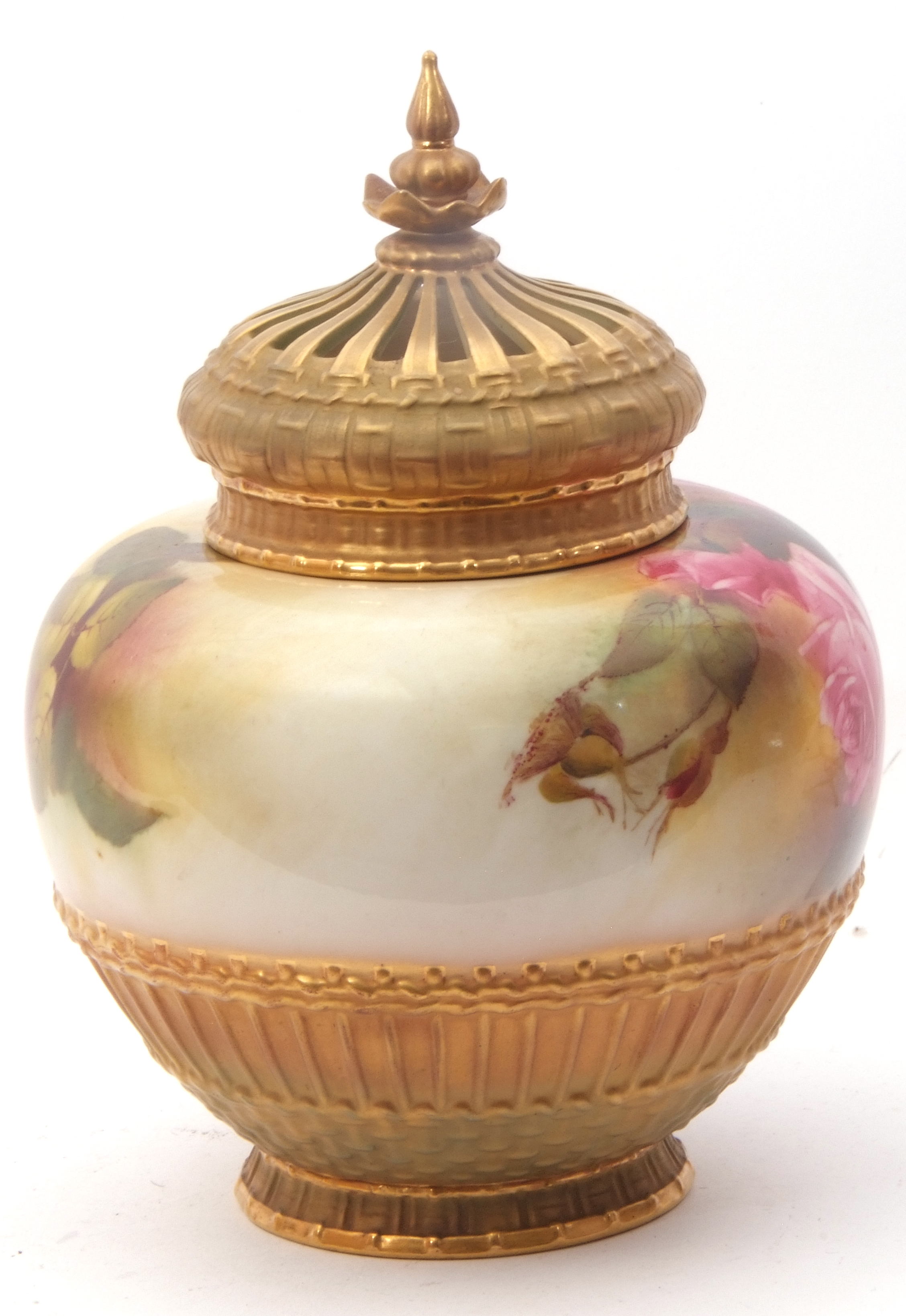 Royal Worcester globular pot pourri vase with gilt pierced cover, decorated with roses, signed by - Image 4 of 10