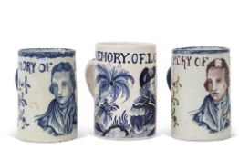 Three Delft commemorative Lord Nelson mugs, probably made to celebrate the centenary of his death in