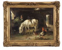 Walter Hunt (1861-1941), Barn interior with young boy, white pony and chickens, oil on canvas,