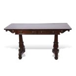 Early 19th century rosewood library table, of rectangular form with rounded corners raised on