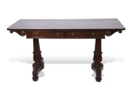 Early 19th century rosewood library table, of rectangular form with rounded corners raised on