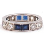 Art Deco diamond and sapphire full eternity ring, circa 1930, alternate set with two calibre cut