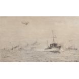 William Lionel Wyllie, RA, RI, RE (1851-1931), "War convoy", black and white etching, signed in