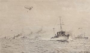 William Lionel Wyllie, RA, RI, RE (1851-1931), "War convoy", black and white etching, signed in