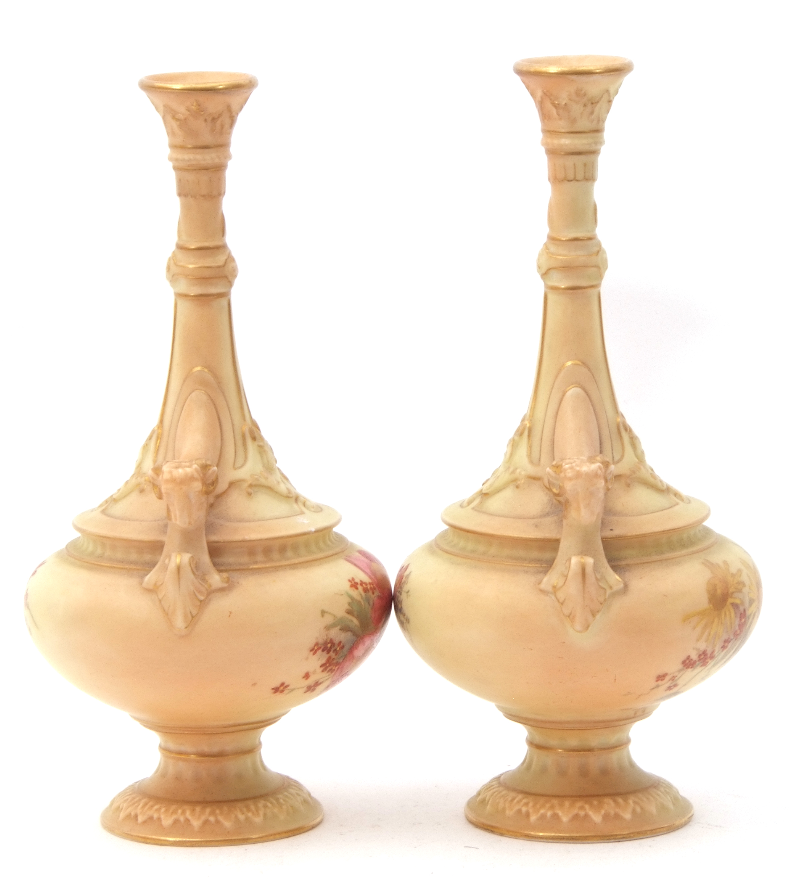 Pair of Royal Worcester blush ground vases with slender necks and rams head handles, the blush - Image 4 of 6