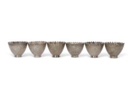 Set of six Turkish ottoman silver circa 1900 zarf coffee cups with finely chased and engraved