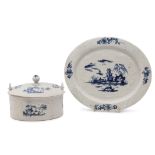 Lowestoft butter tub and cover and associated stand, all decorated with a chinoiserie design of a