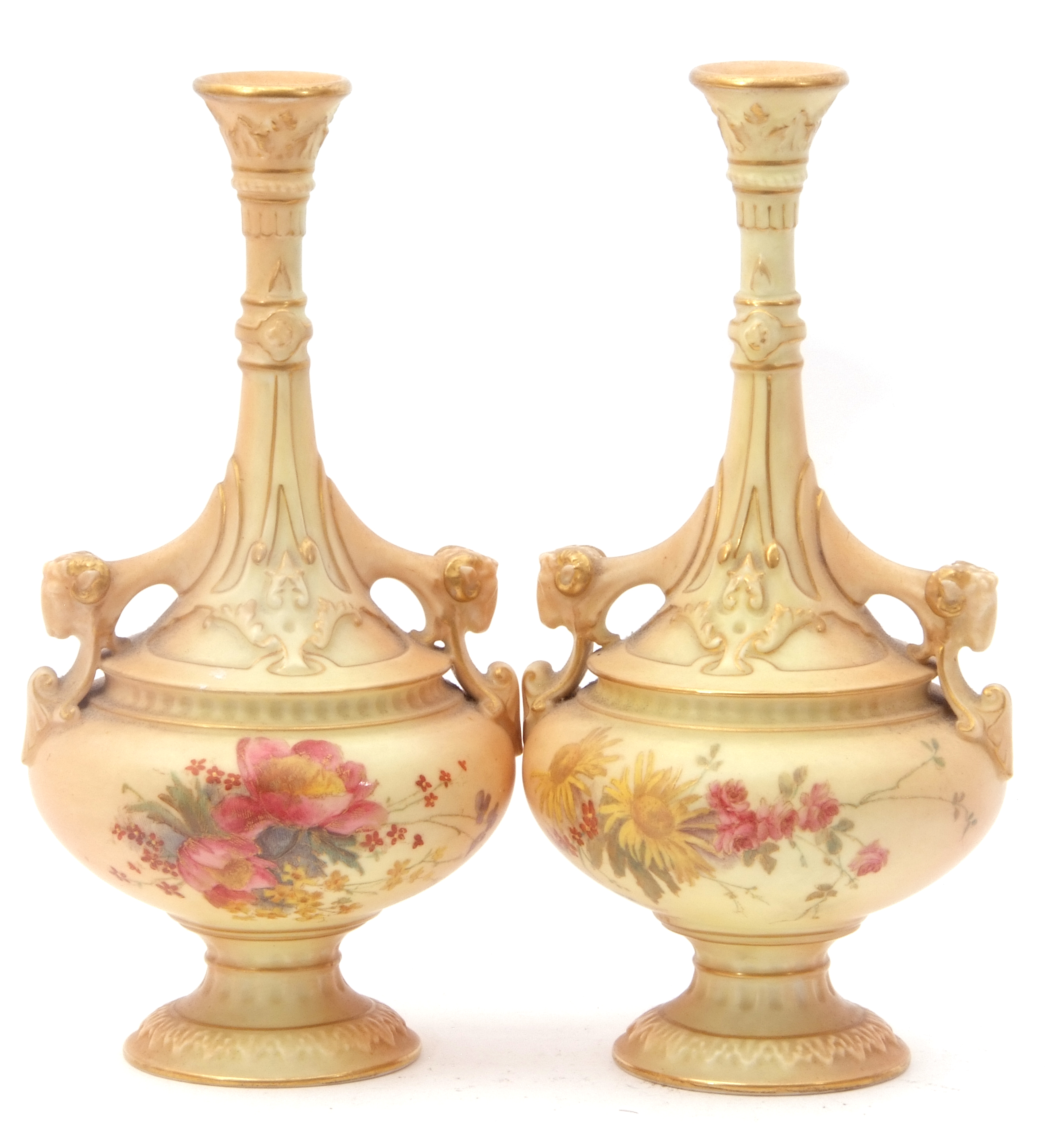 Pair of Royal Worcester blush ground vases with slender necks and rams head handles, the blush - Image 5 of 6