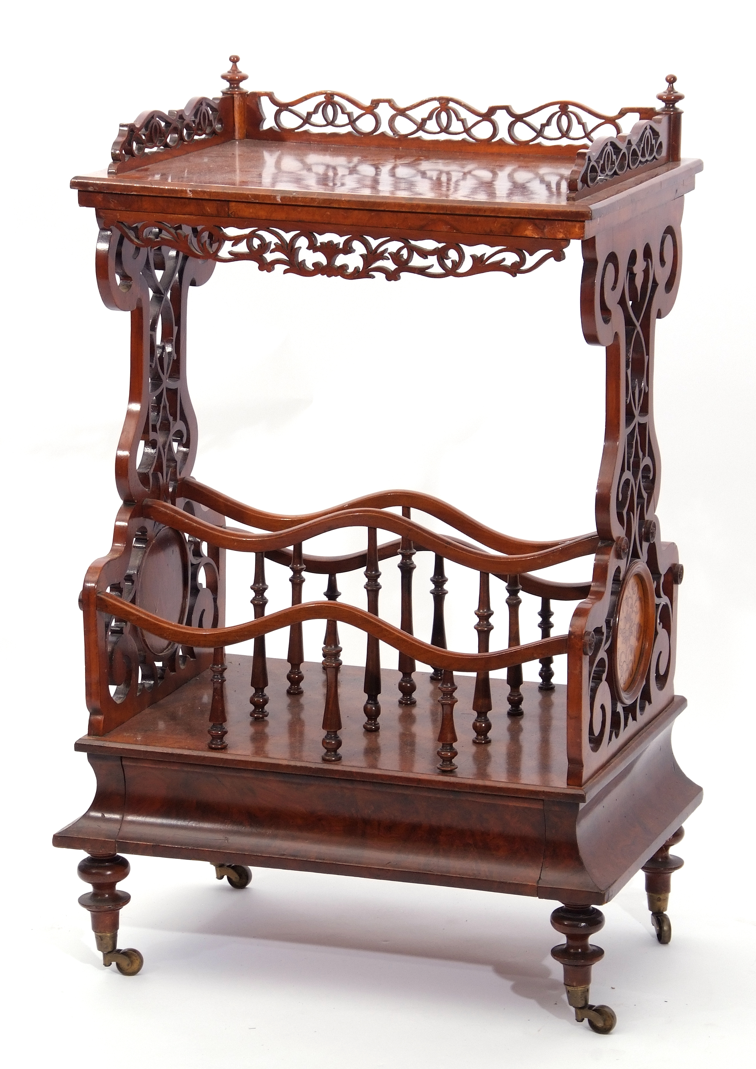 Victorian walnut large Canterbury, pierced gallery surround, raised on two latticed pierced - Image 3 of 4