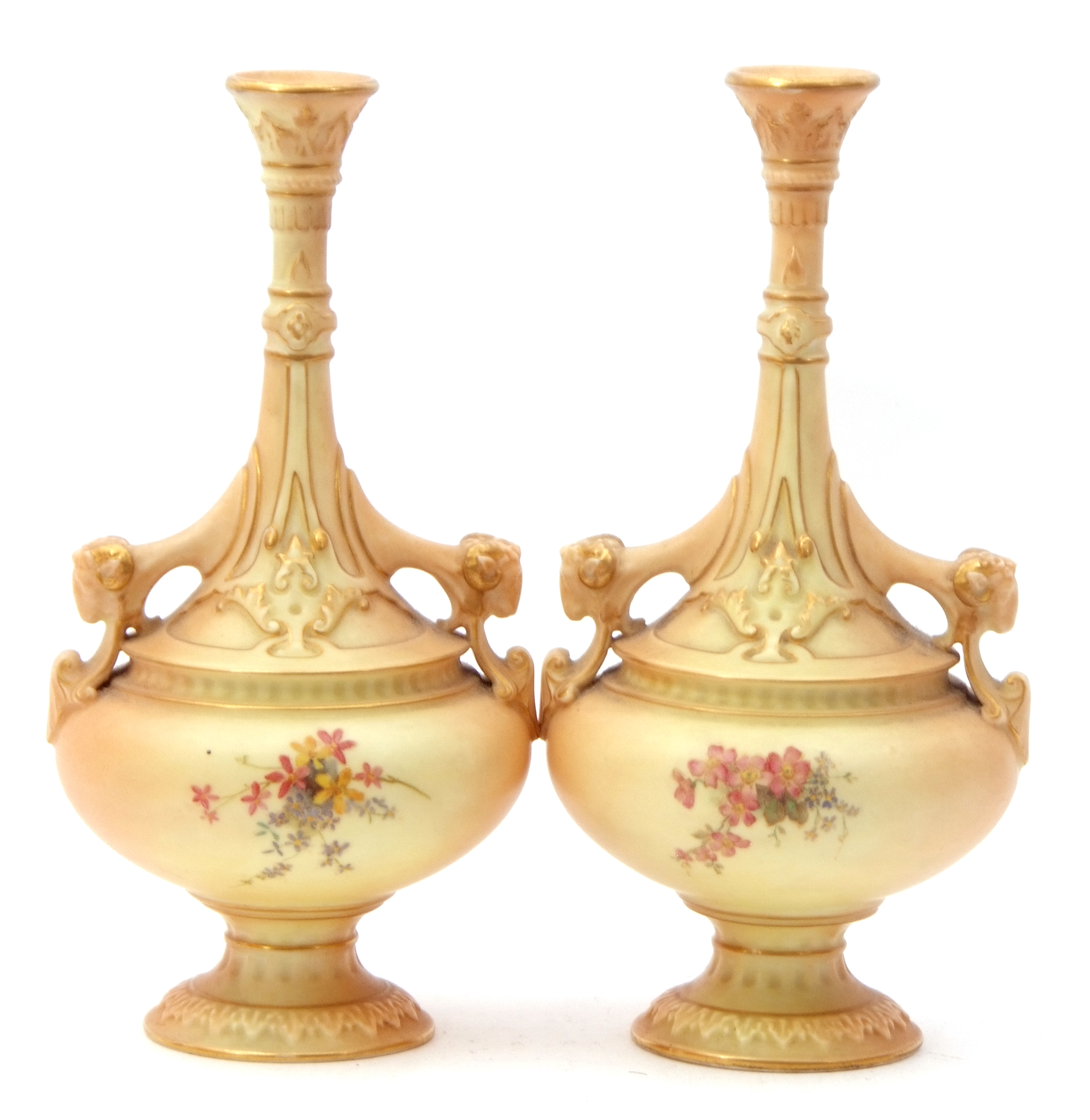 Pair of Royal Worcester blush ground vases with slender necks and rams head handles, the blush - Image 3 of 6