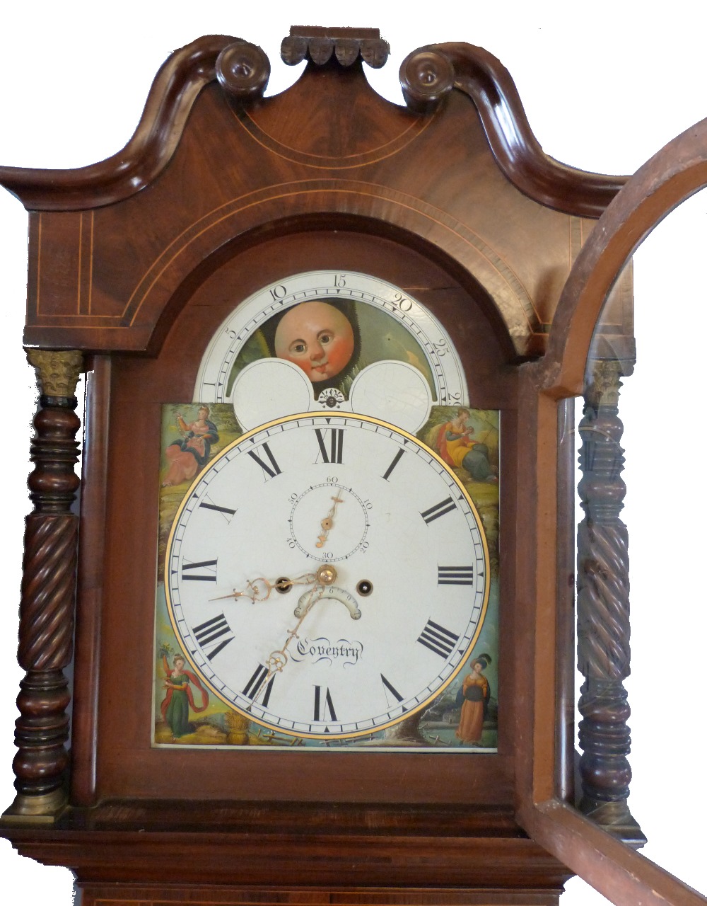 19th century mahogany longcase clock, the swan neck pediment over a painted arched dial with moon