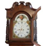 19th century mahogany longcase clock, the swan neck pediment over a painted arched dial with moon