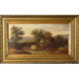 Charles Morris, River landscape with mill and bridge, oil on canvas, signed lower right, 30 x 58cm