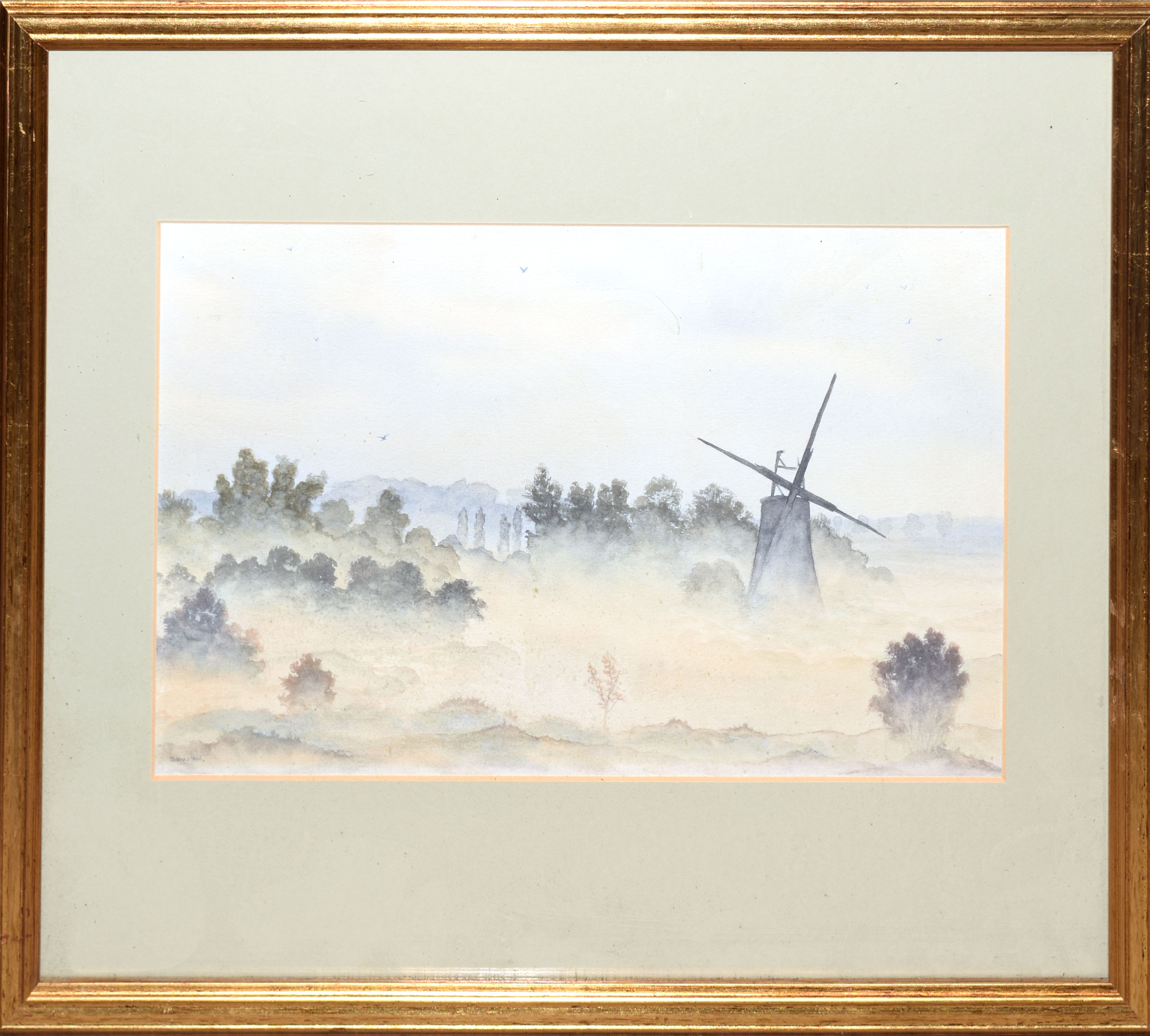 Peter Bearman, Misty landscape with mill, watercolour, signed lower left, 23 x 40cm