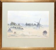 Peter Bearman, Misty landscape with mill, watercolour, signed lower left, 23 x 40cm