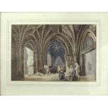 George Cattermole (1800-1868), Figures conversing in a cloister, watercolour, signed and dated 78