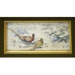 Jason Partner, "Pheasants in winter", watercolour, signed lower right, 9 x 19cm