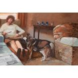 Keith Johnson, Interior scene with lady and dog, oil on board, 56 x 80cm, together with a further