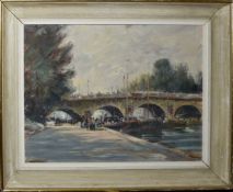 Follower of Edward Seago, "Pont Neuf, Paris", oil on board, bears signature lower left, 36 x 47cm