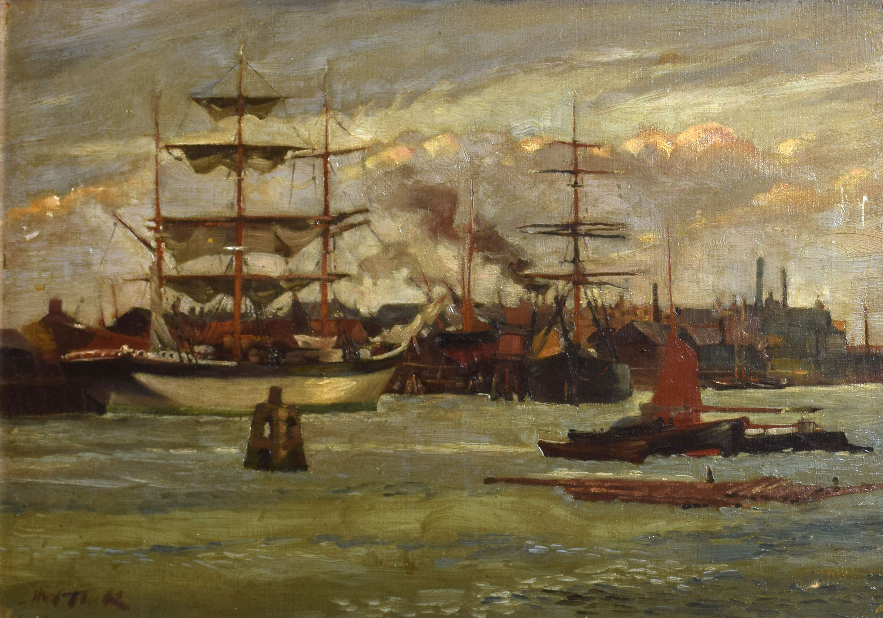 Horace Walter Tuck, Norwich view and Harbour scene, two oils on canvas, both signed, 34 x 45cm and - Image 2 of 2