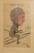 J Ross, "Alan Boyle", watercolour caricature, signed and inscribed with title, 14 x 9cm