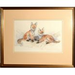 English School (20th century), Fox cubs, watercolour, 22 x 33cm