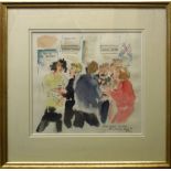 Polly Hanscombe, "Media party (Barclays, Soho Square), Xmas 91", watercolour, 34 x 37cm