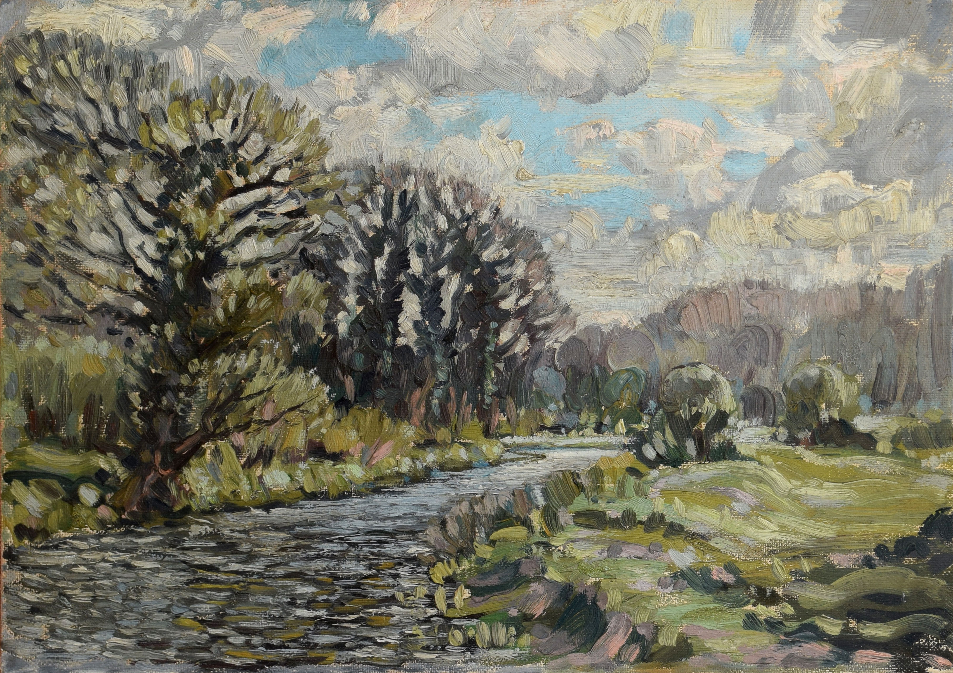 E J Ribbands, "River Wensum from Costessey Mill", oil on canvas, signed, dated April 1960 verso,