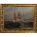 English School (19th/20th century), Three masted vessel at sea, oil on board, 25 x 33cm