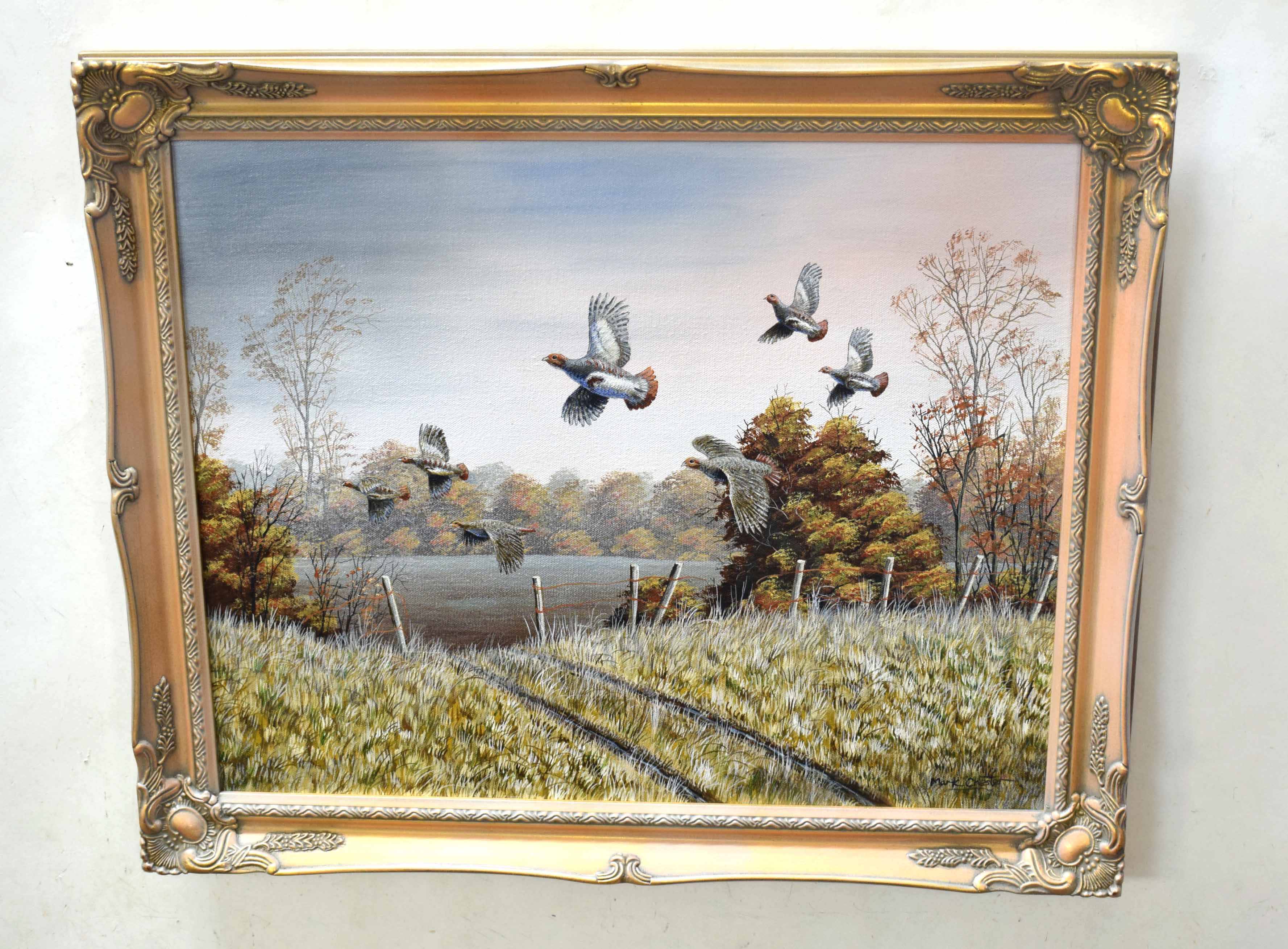 Mark Chester (contemporary), "Autumn covey - English Partridges", acrylic on canvas, signed lower