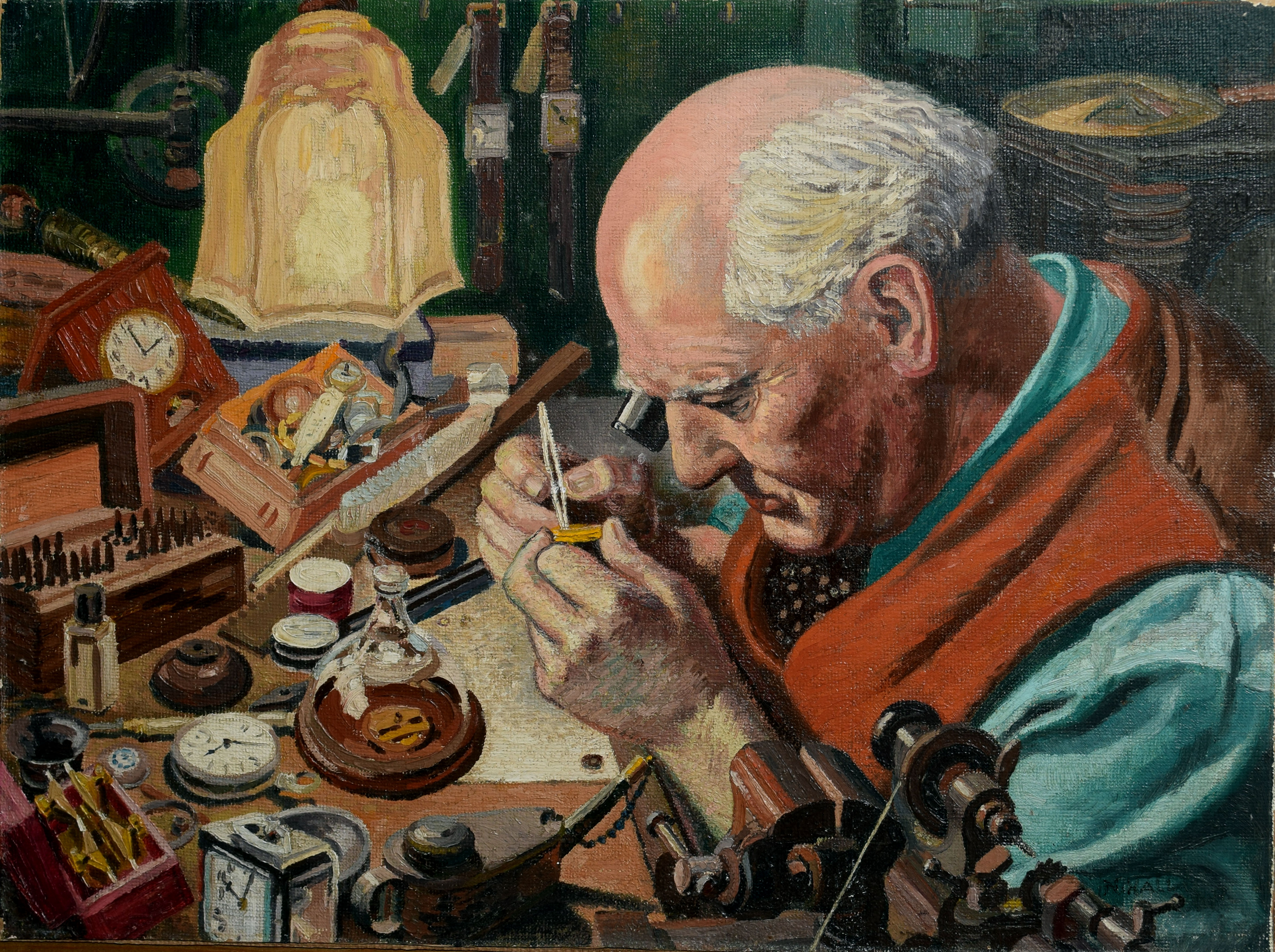 N L Hall, "Sam Veale (Newquay Watchmaker)", oil on panel, signed lower right, 35 x 46cm, unframed