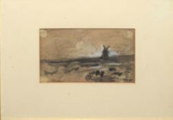 Hercules Brabazon Brabazon, Windmill in landscape, chalk and pencil drawing, 10 x 16cm